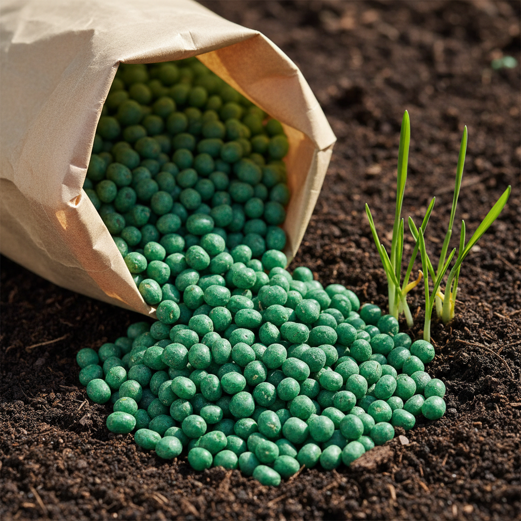 Southern lawn grass seed spilling from kraft paper bag onto dark soil