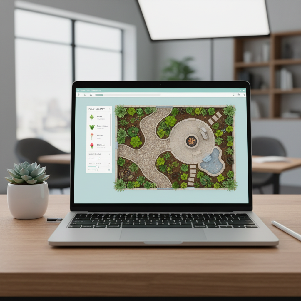 Landscape design software on a laptop showing colorful yard layout with plant sidebar