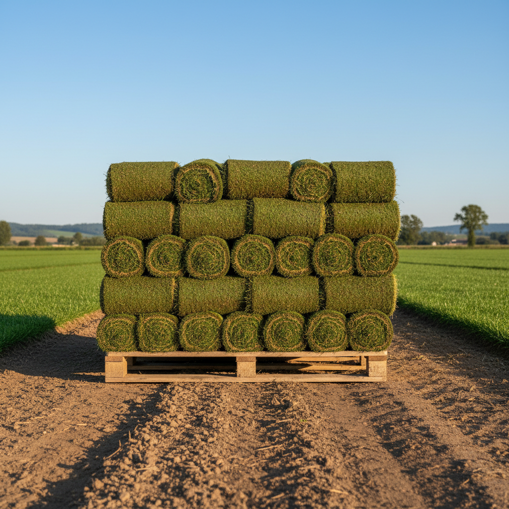 Neatly stacked rolls of fresh green sod on a wooden pallet in a sunlit farm field