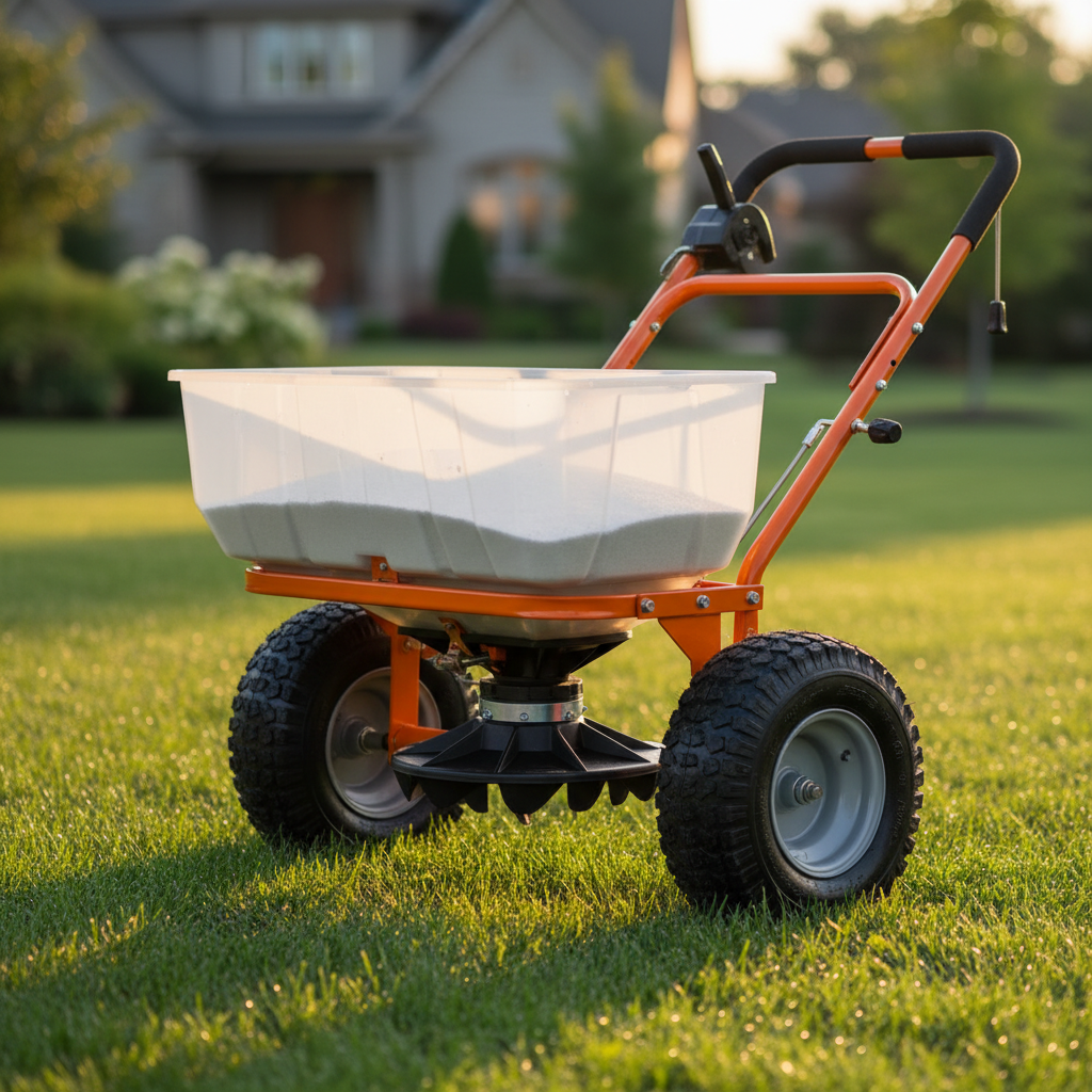 Large broadcast lawn spreader with pneumatic tires on a green lawn at golden hour