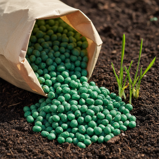 Southern lawn grass seed spilling from kraft paper bag onto dark soil