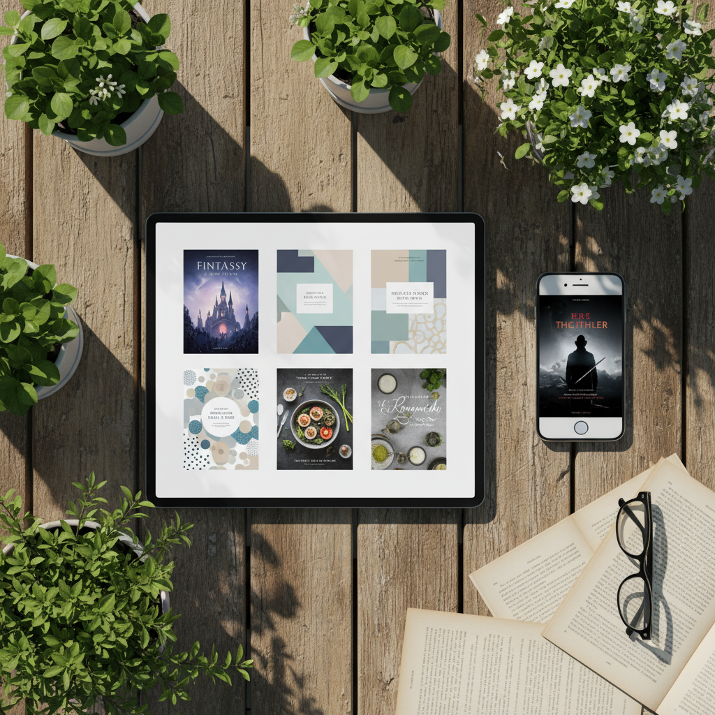Multiple eBook covers displayed across a tablet and phone on a wooden garden table with plants