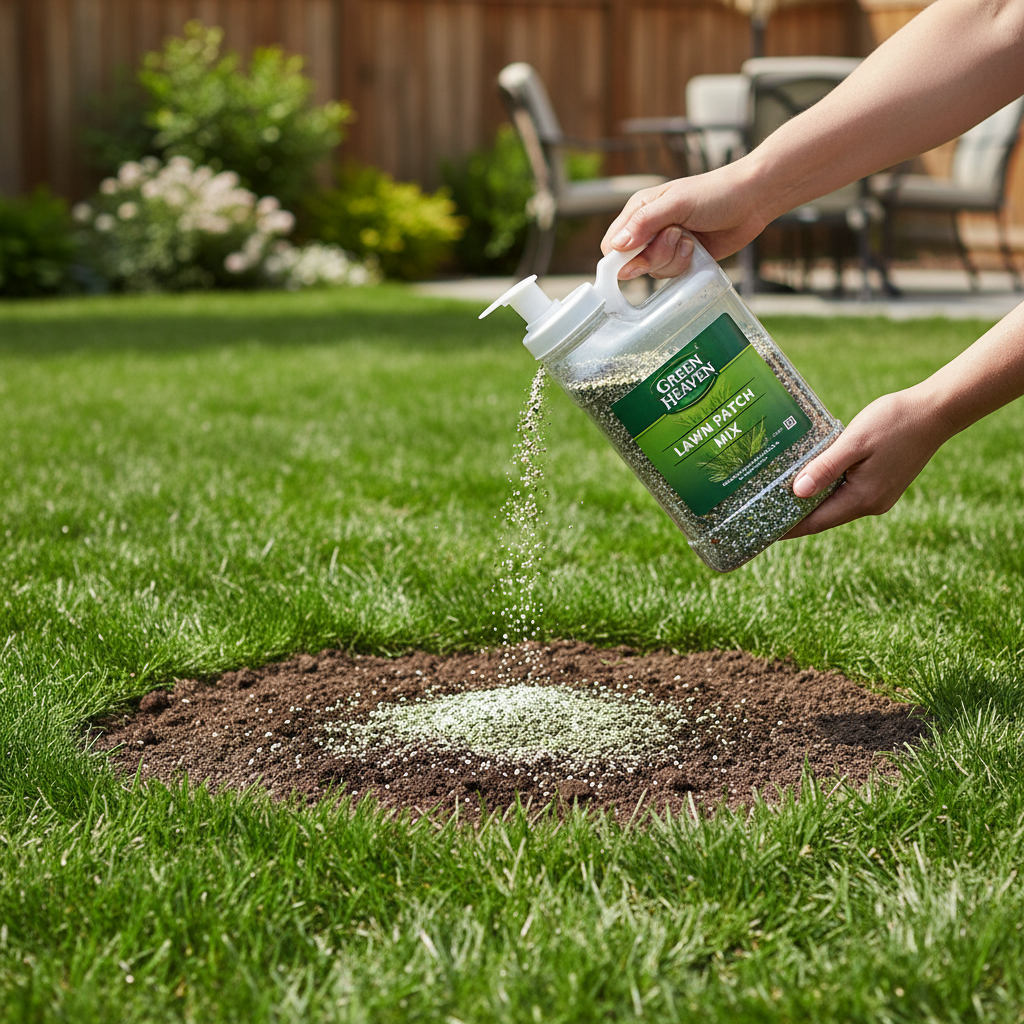 Shaker jug of lawn patch mix being sprinkled onto a bare patch of soil