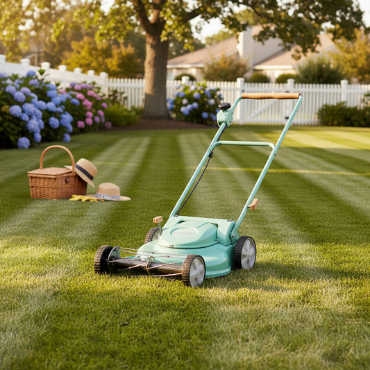 Classic reel push mower on a freshly striped green lawn in a sunny suburban backyard