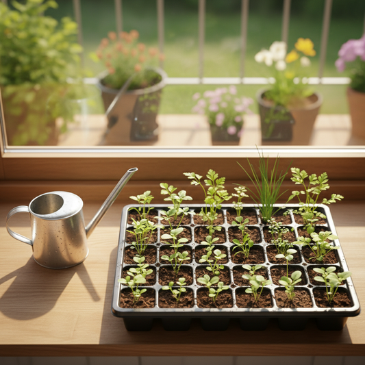 Seed starter tray with young green herb sprouts on a sunny windowsill