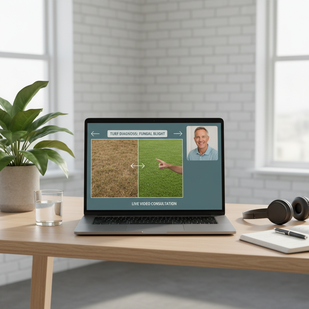 Video consultation with turf expert on laptop screen showing lawn diagnosis on a bright desk