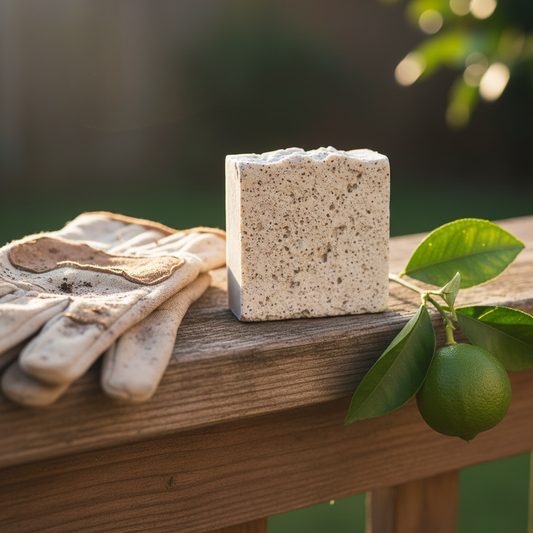 Natural pumice soap bar on wooden ledge beside garden gloves and citrus sprig