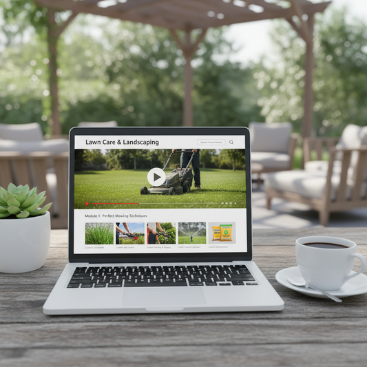 Laptop showing lawn care video course lesson thumbnails on a patio table