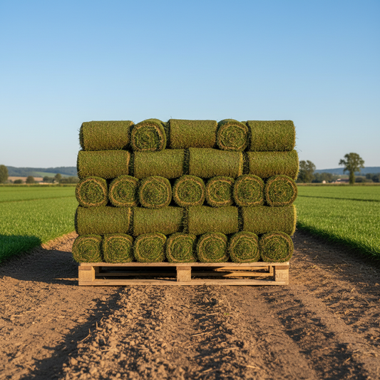 Neatly stacked rolls of fresh green sod on a wooden pallet in a sunlit farm field