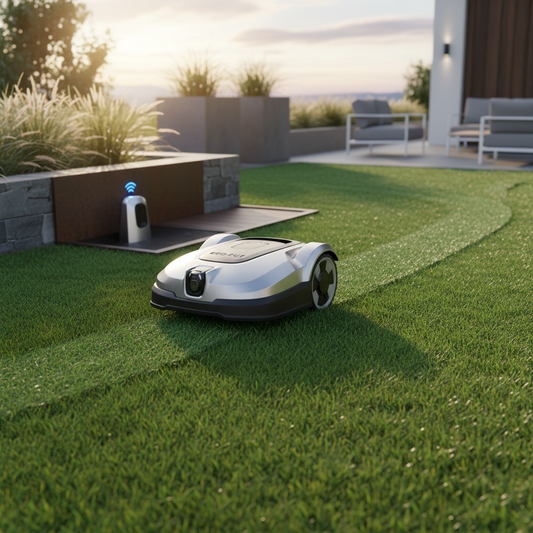 Robotic lawn mower gliding across a manicured green lawn with charging dock nearby at dusk