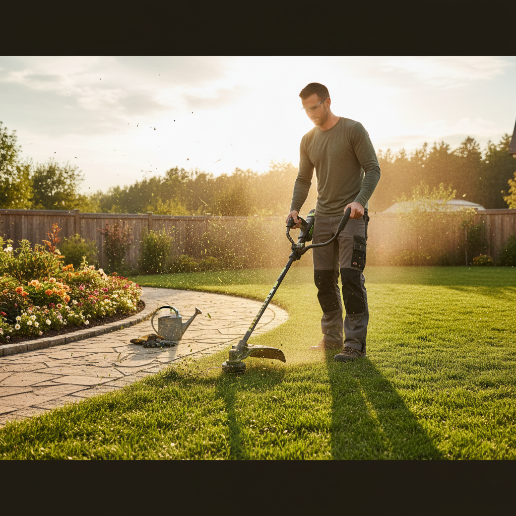 Person using cordless string trimmer along a lawn edge with grass trimmings flying