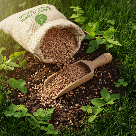 Organic granular fertilizer poured into a scoop on dark soil surrounded by green leaves