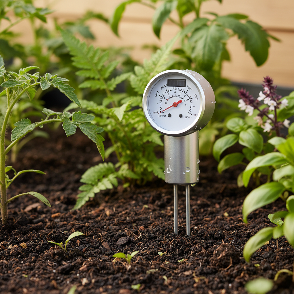 3-in-1 soil meter probe inserted into garden soil with dial in focus