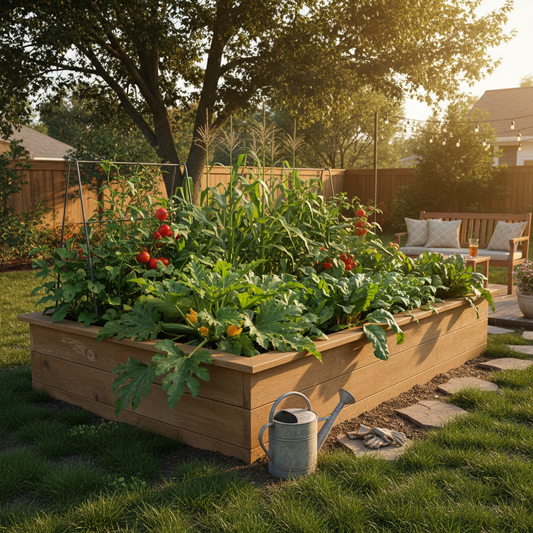 Large cedar raised garden bed full of vegetables in a sunny backyard with warm golden light