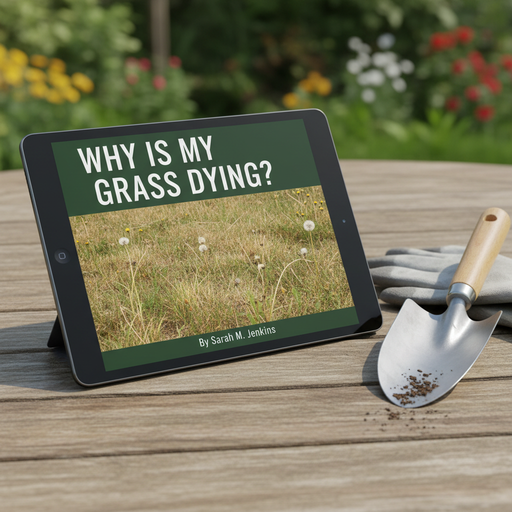 Tablet mockup showing eBook cover Why Is My Grass Dying on a garden table