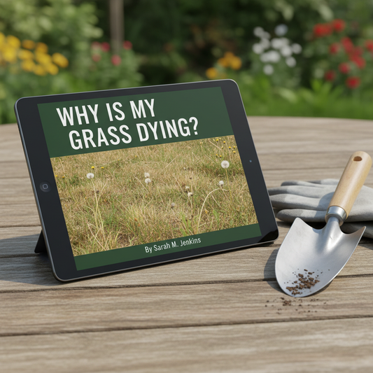 Tablet mockup showing eBook cover Why Is My Grass Dying on a garden table