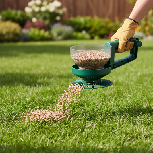 Handheld crank seed spreader held over a green lawn mid-spread