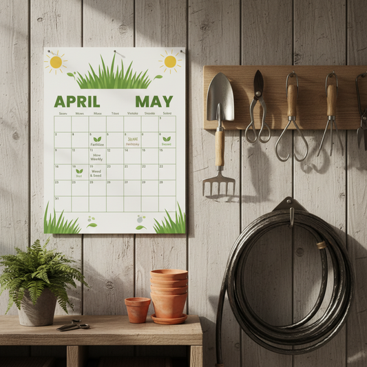 Printed lawn care calendar pinned to a garden shed wall beside hanging tools