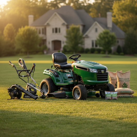 Compact ride-on mower with lawn equipment and fertilizer bags on a large green lawn at golden hour