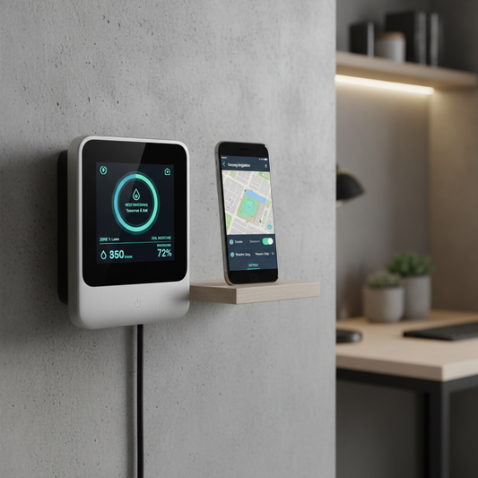 Wall-mounted smart irrigation controller with glowing screen beside smartphone showing app