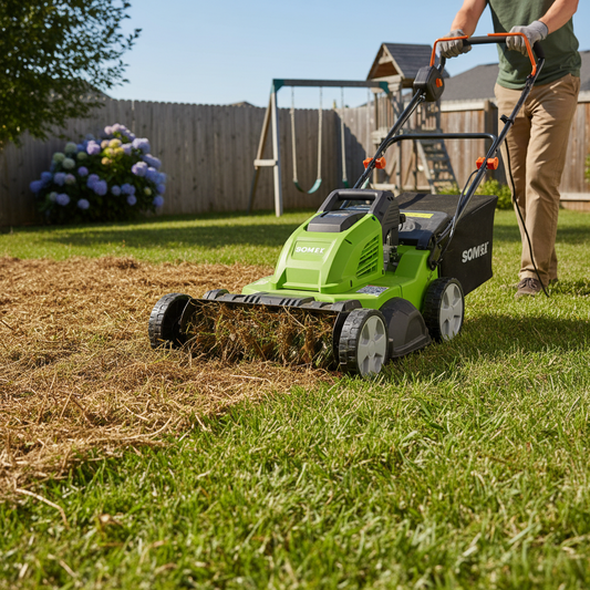 Electric lawn dethatcher being pushed across a green lawn pulling up thatch