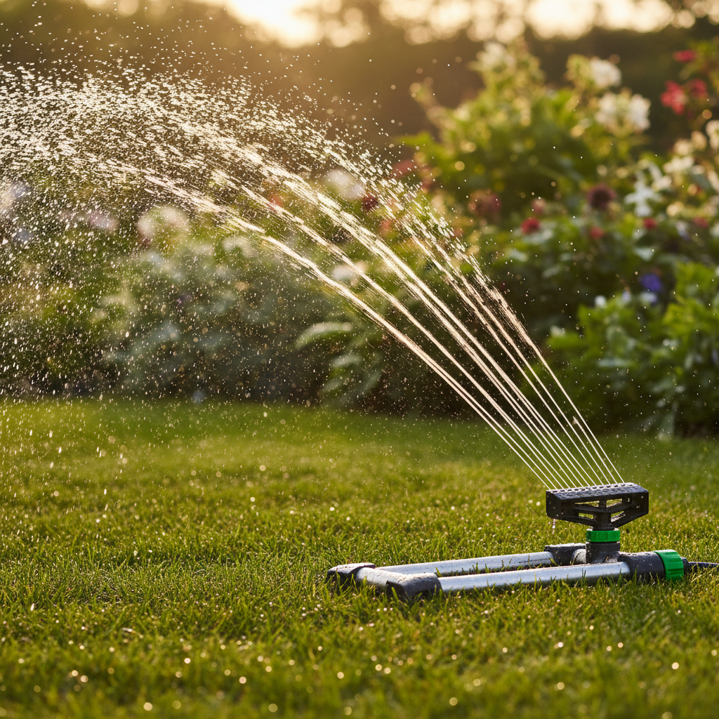 Oscillating sprinkler spraying arc of water over lush green lawn in golden light