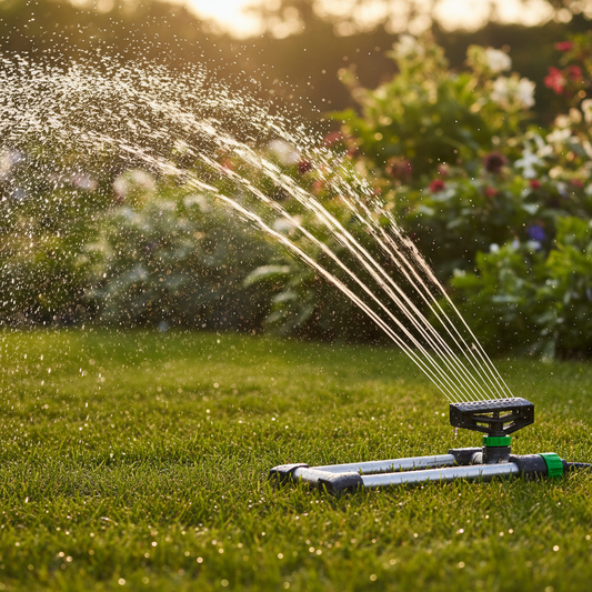Oscillating sprinkler spraying arc of water over lush green lawn in golden light